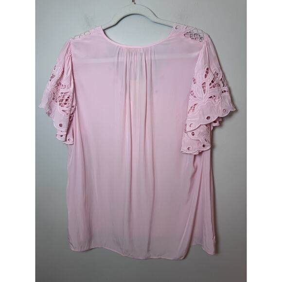 RAMY BROOK Rochelle V neck Eyelet Flutter Sleeve Blouse Top Pink Sz L NWT $345 - Picture 4 of 10